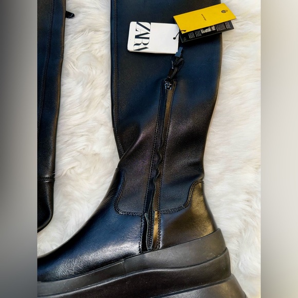 New ZARA OVER THE KNEE BLACK LEATHER VIBRAM BOOTS, US 7.5, $460 From London - Picture 11 of 16